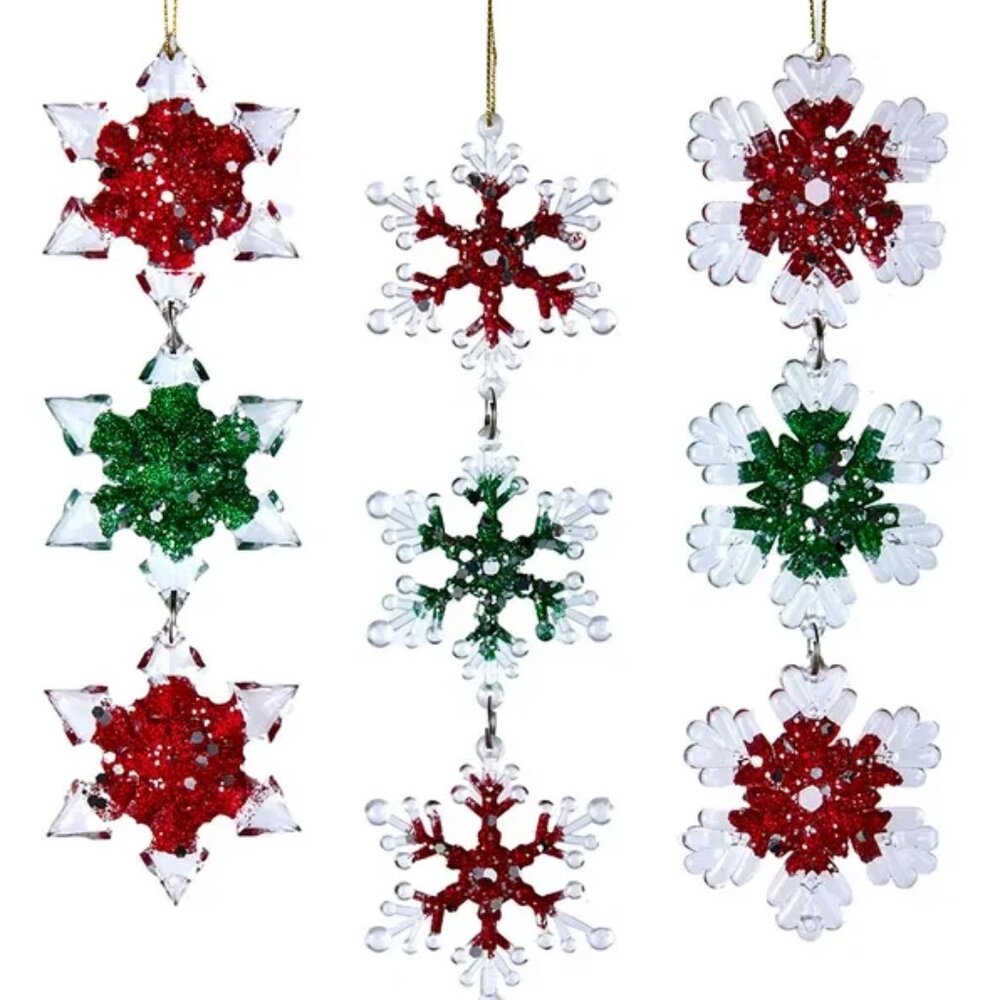 Winter Red Green Snowflake Acrylic Ornament Set 3 Christmas 7.5" Kurt Adler